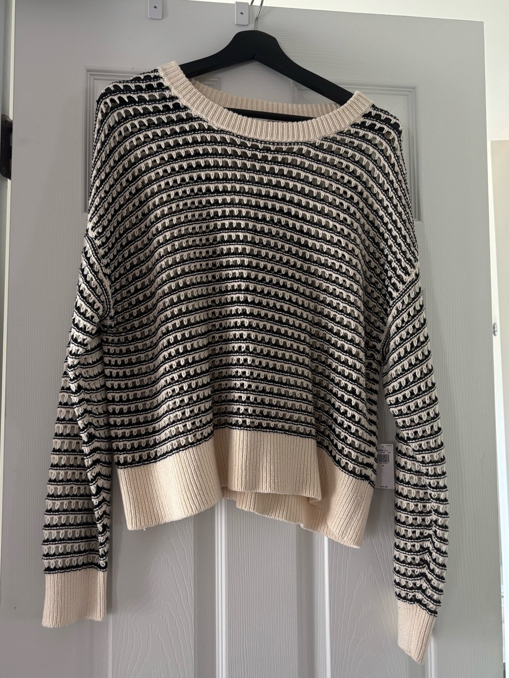 Cream and Black Crochet Striped Women's Sweater Lightweight Pullover 100% Cotton